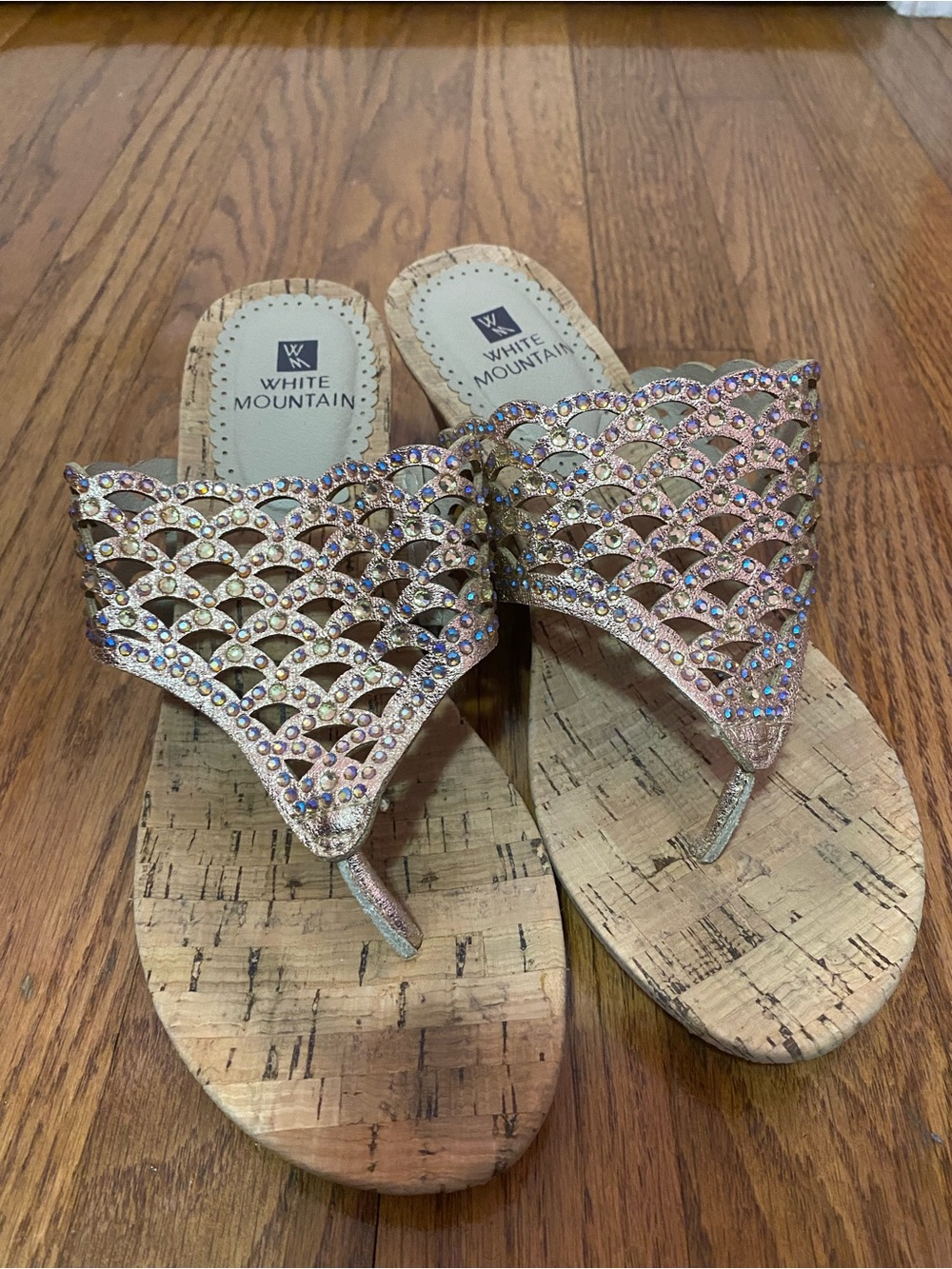 White Mountain Pink Metallic Rhinestone Cork Wedge Sandals Size US 6